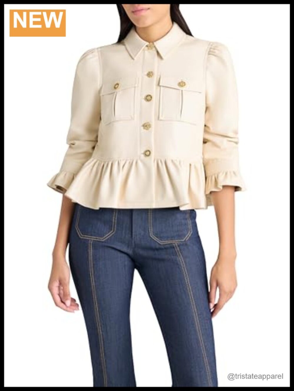 Gold Medallion Button Vegan Leather Jacket 3/4 Sleeve Peplum